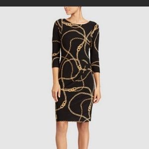 Ralph Lauren Midi 3/4 sleeve Navy Chain Print Dress Size 14